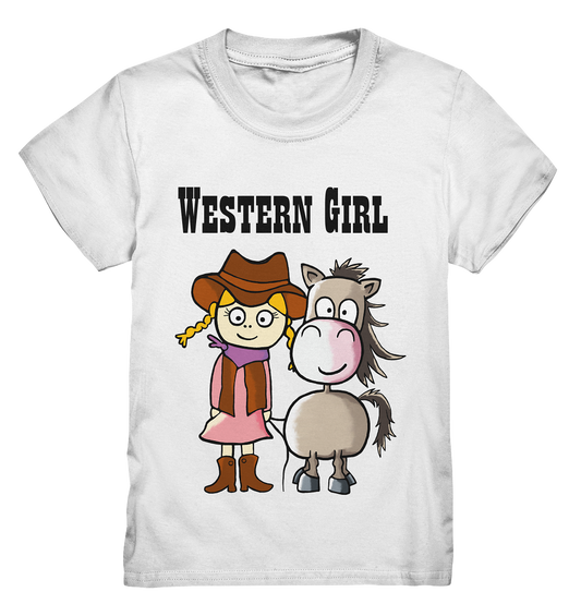 Weißes Kids Shirt mit Western Girl, Cowboyhut und Pferd Motiv