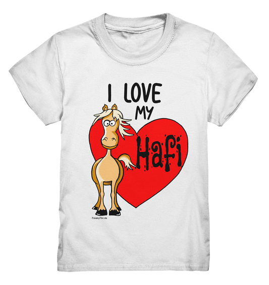 Weißes Kids Shirt mit süßem Haflinger-Motiv und Schriftzug I love my Hafi