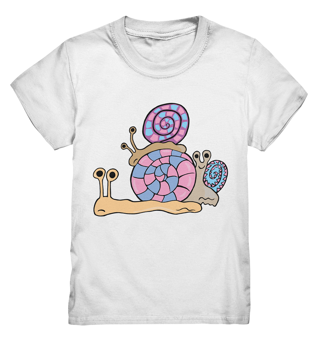 Weißes Kids Shirt mit drei süßen Schnecken in Pastellfarben, liebevolles Tiermotiv für Kinder.