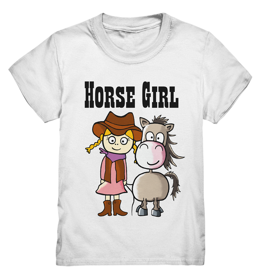 Weißes Kids Shirt mit Westernmädchen, Quarter Horse und Schriftzug Horse Girl