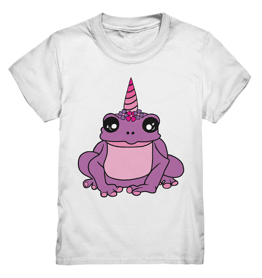 Kindershirt in weiß mitlila Frosch als Einhorn, Froggicorn.