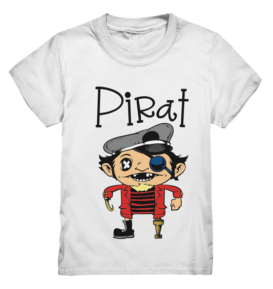 Weißes Kids Shirt mit witzigem Piratenmotiv: Pirat mit Holzbein, Hakenhand und frechem Gesichtsausdruck.