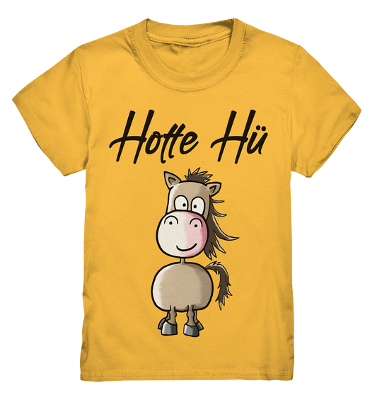Gelbes Kids Shirt mit kleinem braunen Pferd und Schriftzug Hotte Hü