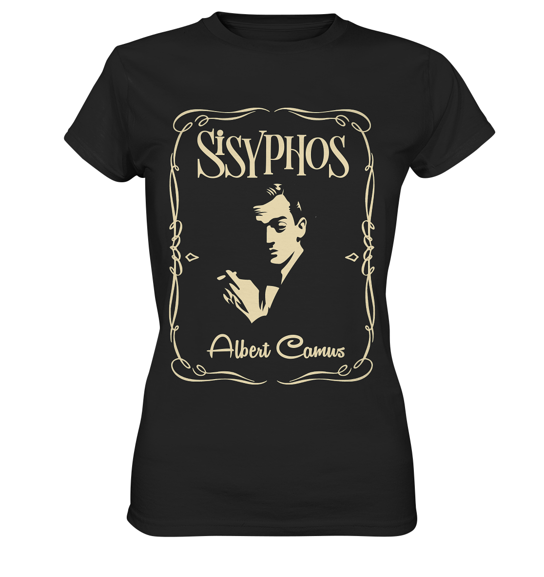 Schwarzes Ladies T-Shirt mit sepiafarbenem Porträt von Albert Camus und dem Schriftzug „Sisyphos“ auf der Vorderseite