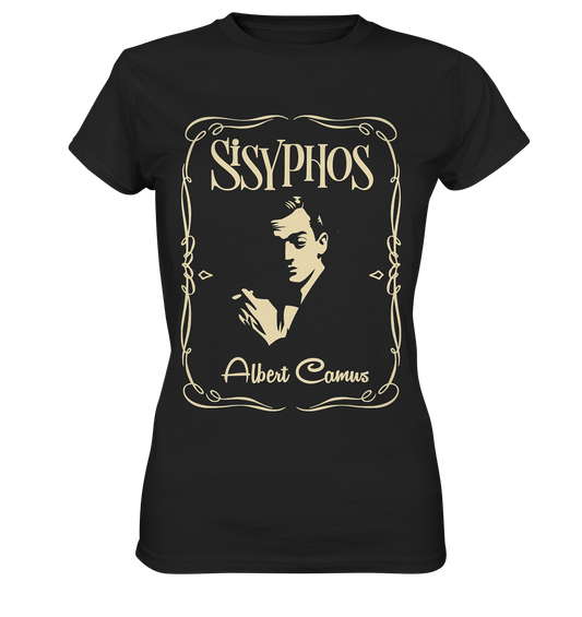 Schwarzes Ladies T-Shirt mit sepiafarbenem Porträt von Albert Camus und dem Schriftzug „Sisyphos“ auf der Vorderseite