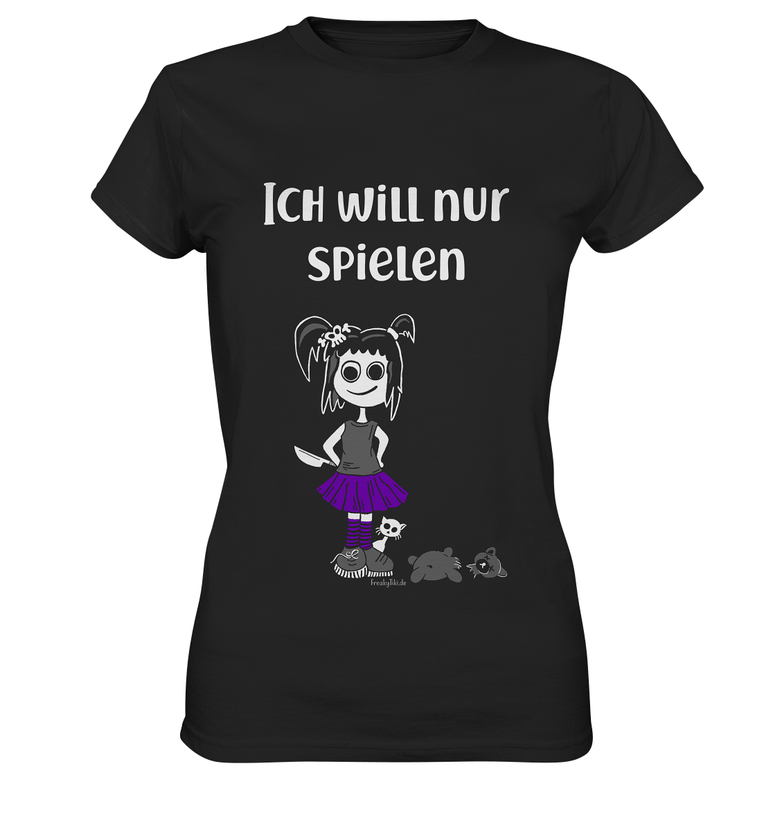 Schwarzes T-Shirt mit weißem Schriftzug „Ich will nur spielen“ und frechem Gothic Girl auf der Vorderseite