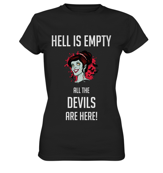 Schwarzes T-Shirt mit weißem Spruch „Hell is empty. All the devils are here.“ und grinsender Teufelin auf der Vorderseite