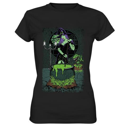 Ladies T-Shirt mit Hexenmotiv „Witch Cooking“, Hexe am Kessel, Halloween Design, leicht taillierter Schnitt.