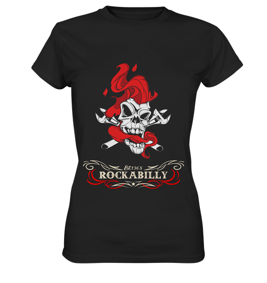 Schwarzes Ladies T-Shirt mit weiß-rotem Frontdruck: Smoking Skull mit roter Haartolle, rotem Rauch und „Rockabilly“-Schriftzug