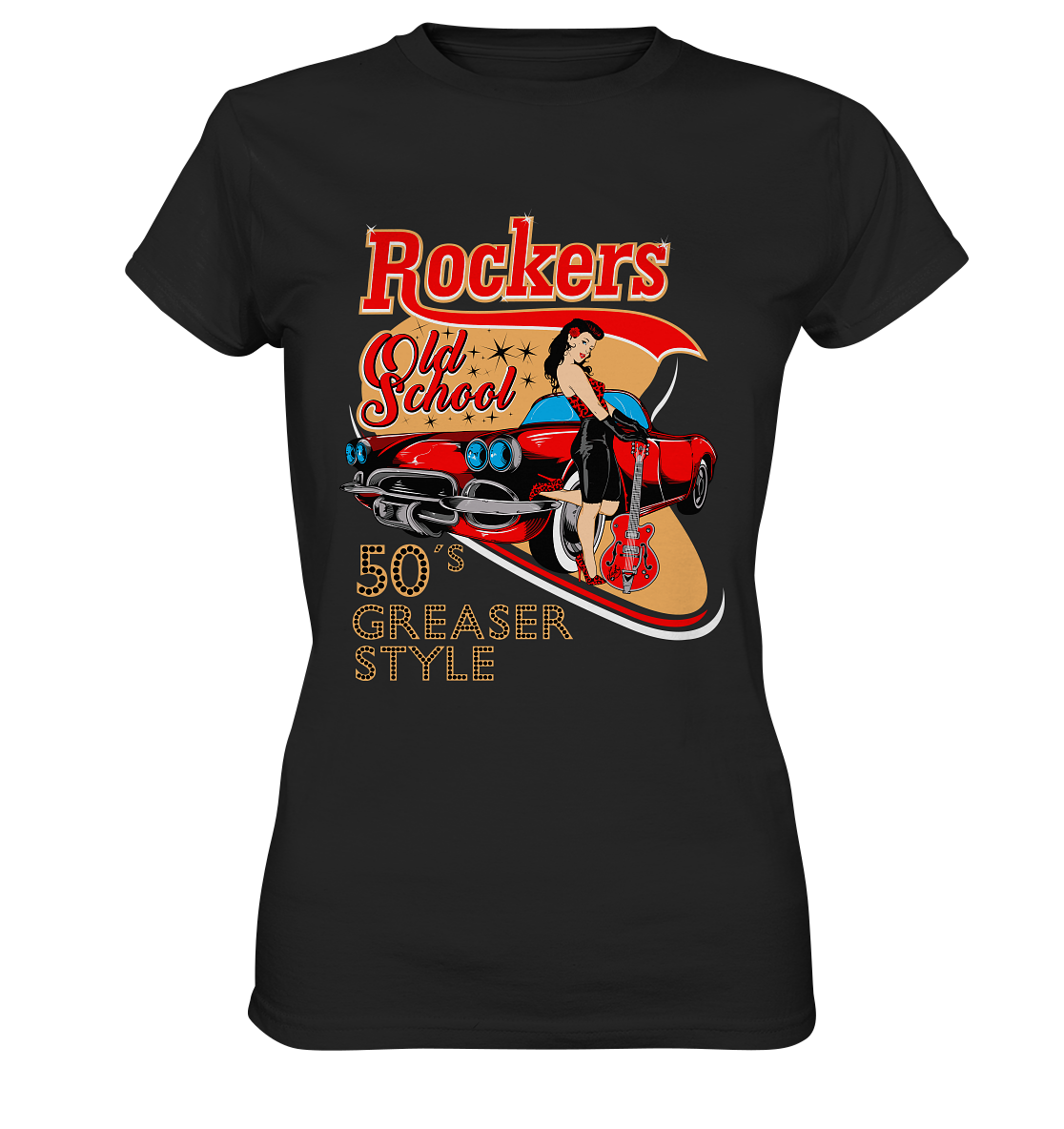  T-Shirt mit Rockers Old School 50s Greaser Style Design, leicht tailliert, aus 100 % Baumwolle.
