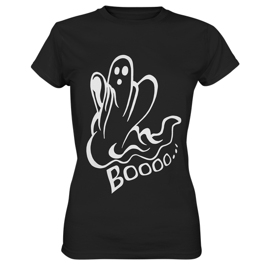 Schwarzes Ladies T-Shirt mit großem weißen Gespenst und dem Schriftzug „Booo...“ auf der Vorderseite