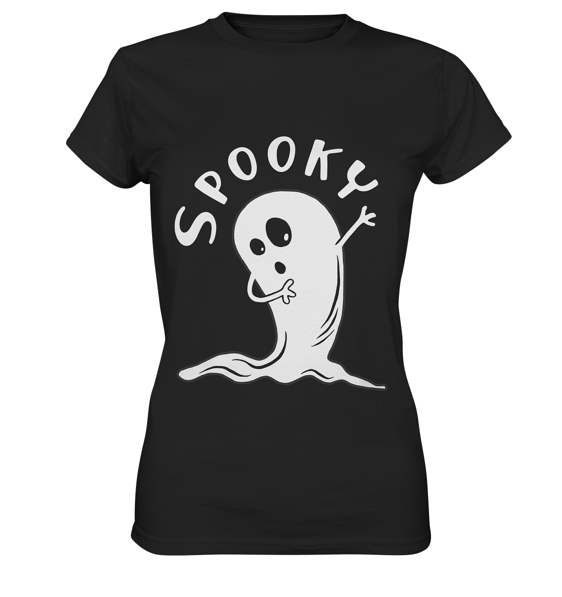 Schwarzes Ladies T-Shirt mit weißem Schriftzug „Spooky.“ und dabbendem Gespenst auf der Vorderseite