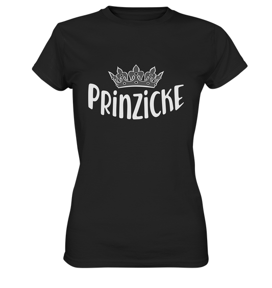 Schwarzes Ladies T-Shirt mit weißem Schriftzug „Prinzicke“ und kleiner Krone direkt über dem Text auf der Vorderseite