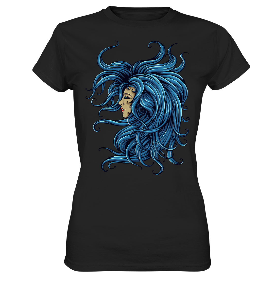 Ladies T-Shirt mit Gothic Lady Motiv „Medusa“, blaue Haare, mystisches Fantasy Design.