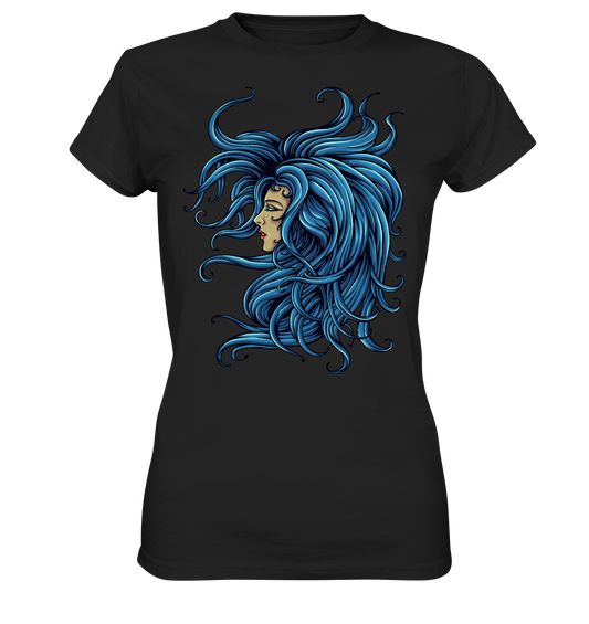 Ladies T-Shirt mit Gothic Lady Motiv „Medusa“, blaue Haare, mystisches Fantasy Design.