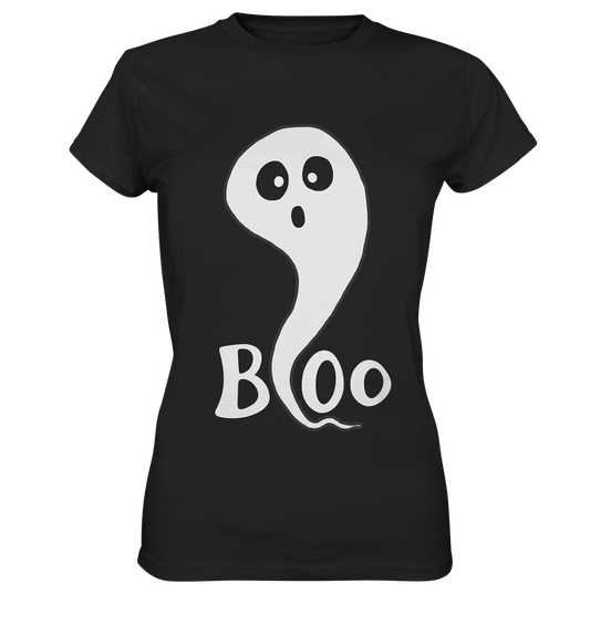 Schwarzes Ladies T-Shirt mit großem weißen Gespenst und dem Schriftzug „Boo.“ auf der Vorderseite