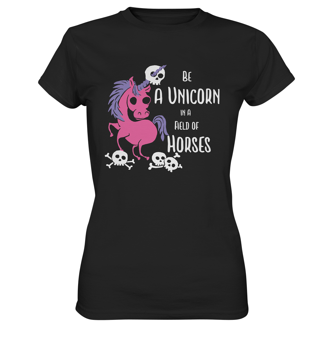Ladies T-Shirt mit rosa Skull-Einhorn, Knochen und Skulls, Fantasy Motiv mit dunklem Humor.