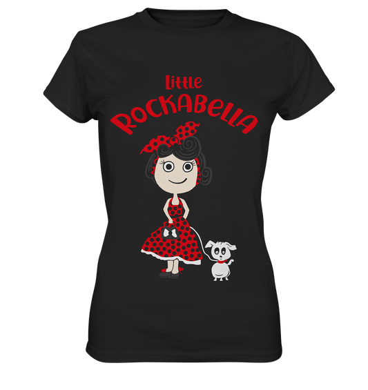 Schwarzes Ladies T-Shirt mit farbigem Motiv einer kleinen Rockabella mit Schleife im Retro-Stil auf der Vorderseite