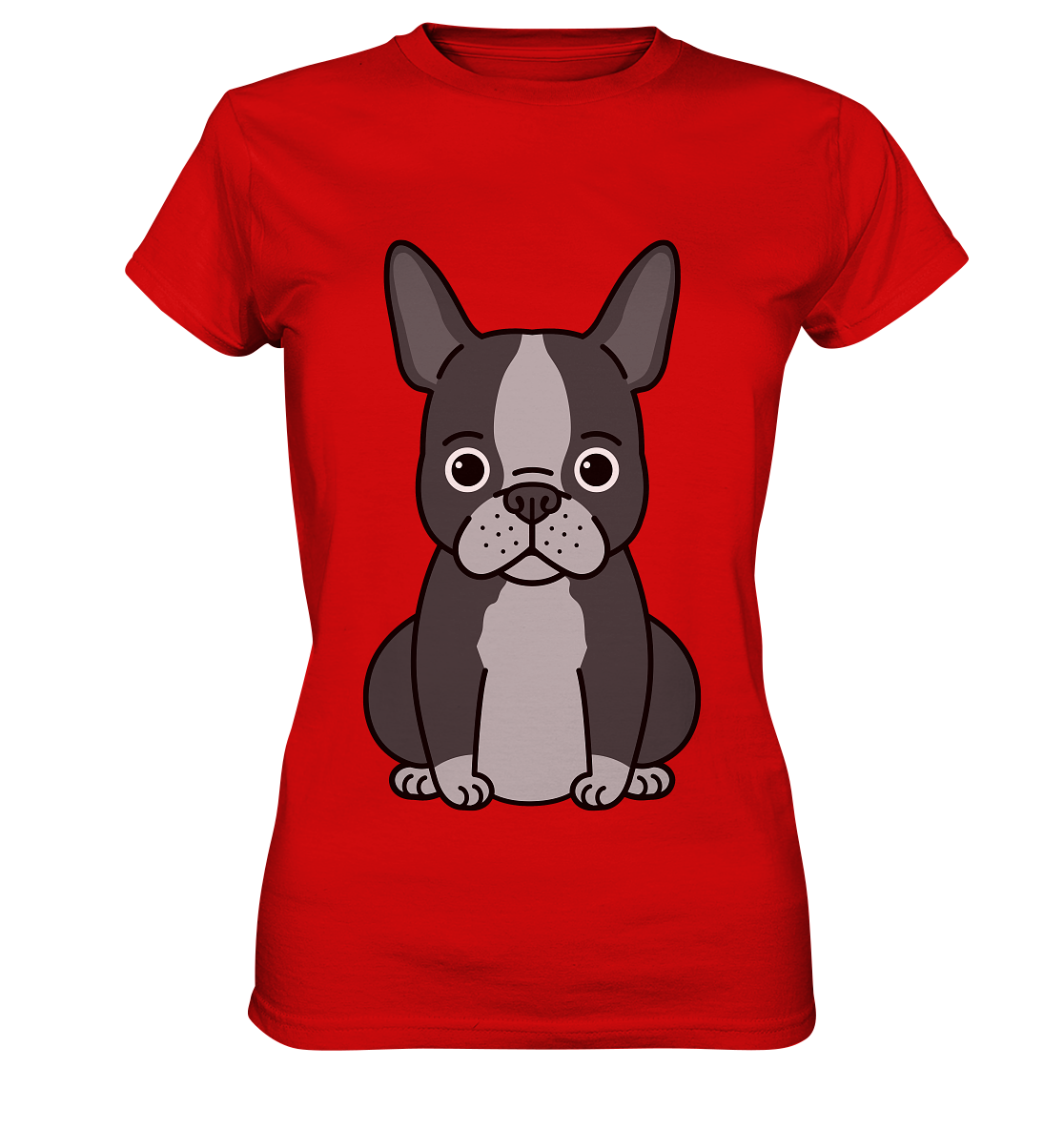 Rotes Ladies T-Shirt mit großem Motiv einer grau-schwarzen französischen Bulldogge auf der Vorderseite