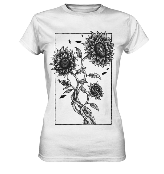 Weißes Ladies T-Shirt mit großem, schwarz-weißem Sonnenblumenmotiv auf der Vorderseite