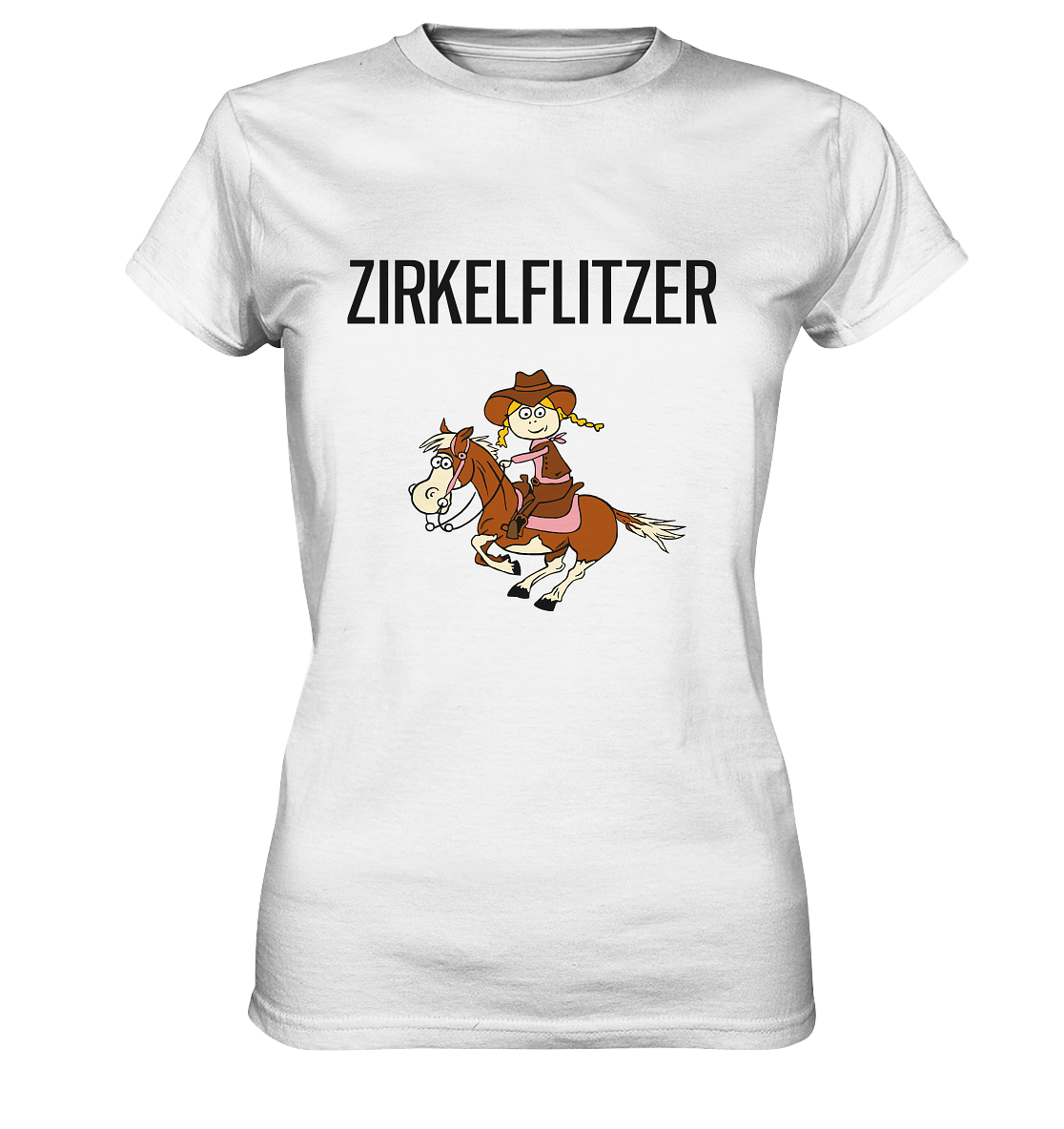 Weißes T-Shirt mit schwarzem Schriftzug „Zirkelflitzer“ – mit Westernpferd mit Cowgirl im Comic-Style