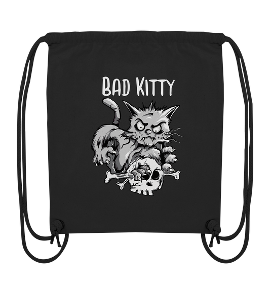 Turnbeutel mit Gothic-Katze, Skull in den Krallen, Aufschrift „Bad Kitty“, robuster Canvas Gym-Bag.