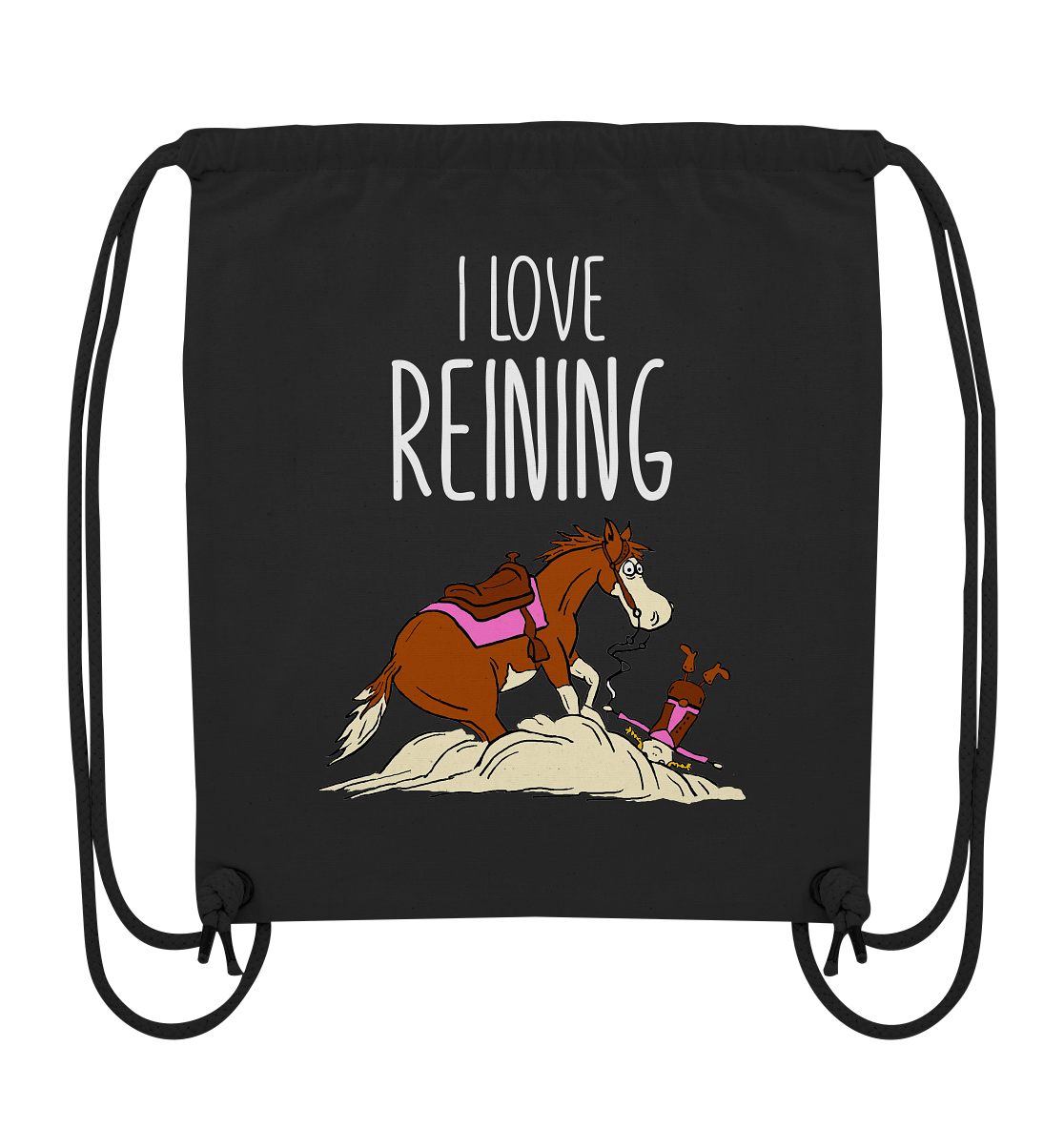 Schwarzer Turnbeutel mit Quarter Horse im Sliding Stop und gestürztem Reiter Schriftzug I Love Reining