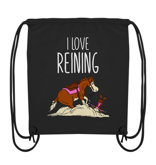 Schwarzer Turnbeutel mit Quarter Horse im Sliding Stop und gestürztem Reiter Schriftzug I Love Reining
