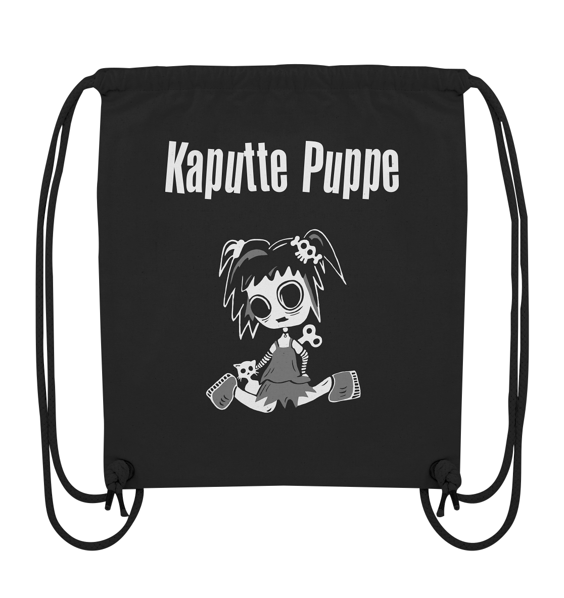 Schwarzer Turnbeutel mit kaputter Gothic-Puppe und Schriftzug Kaputte Puppe