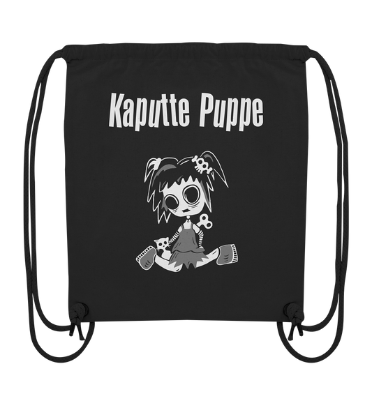 Schwarzer Turnbeutel mit kaputter Gothic-Puppe und Schriftzug Kaputte Puppe