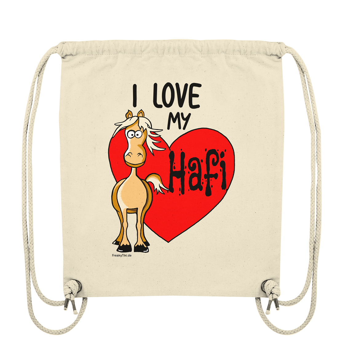 Naturfarbener Turnbeutel mit Haflinger-Motiv und Schriftzug I love my Hafi