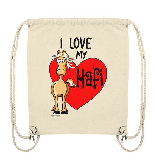 Naturfarbener Turnbeutel mit Haflinger-Motiv und Schriftzug I love my Hafi