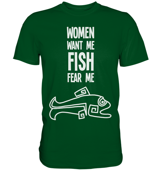 Schwarzes Shirt mit Spruch „Women want me. Fish fear me.“ und Hechtmotiv, witziges Anglerdesign.

