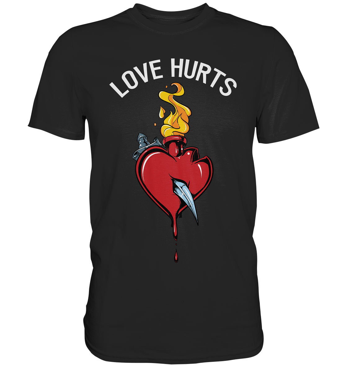 Schwarzes T-Shirt mit blutendem Herz, Dolch und dem Schriftzug „Love Hurts“ im klassischen Tattoo-Stil – Retro-Romantik mit Biss.