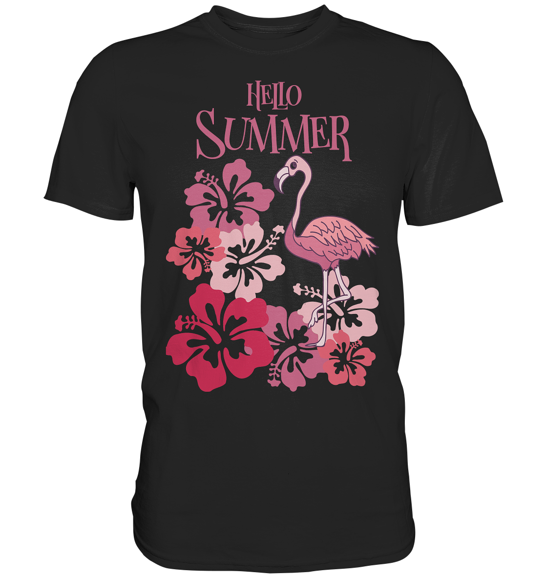 T-Shirt mit Flamingo und Hibiskusblüten, Schriftzug „Hello Summer“, sommerliches Tropendesign.