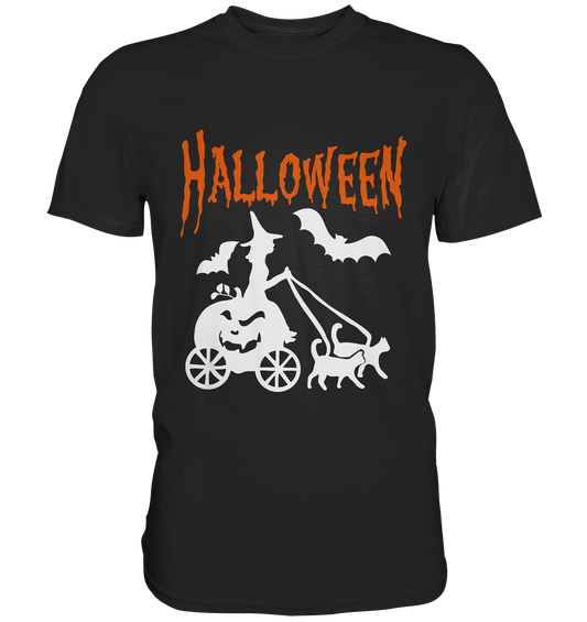 Schwarzes Shirt mit Hexe in Kürbis-Kutsche, gezogen von Katzen – Halloween Motiv, humorvoll und düster.