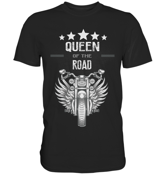 Schwarzes Shirt mit Chopper-Motorrad und Schriftzug „Queen of the Road“, kraftvolles Biker-Design.