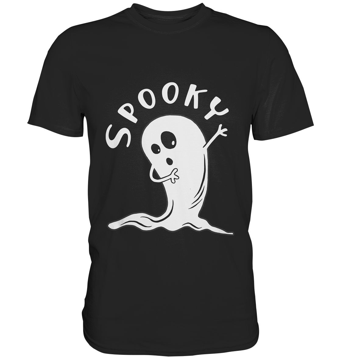 Schwarzes T-Shirt mit weißem Schriftzug „Spooky.“ und einem dabbenden Gespenst auf der Vorderseite