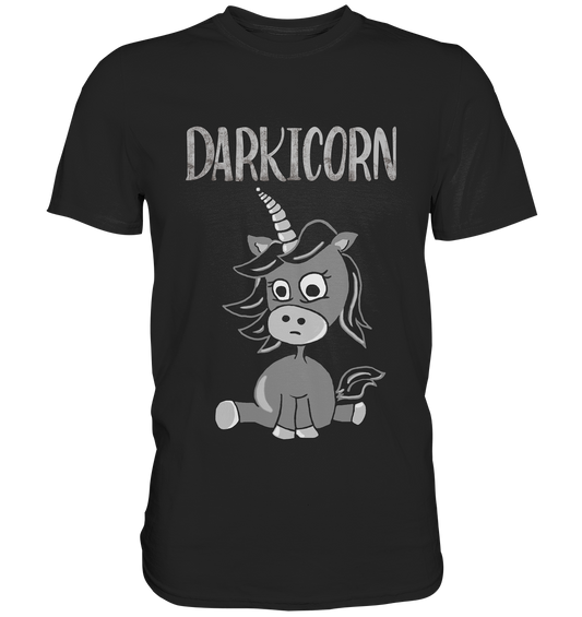 T-Shirt mit schwarzem Gothic-Einhorn „Darkicorn“, Fantasy Motiv im dunklen Stil.