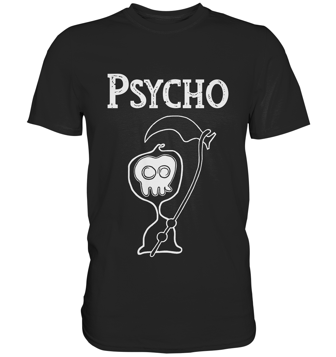 Schwarzes Shirt mit süßem kleinen Gothic-Sensemann und Schriftzug Psycho