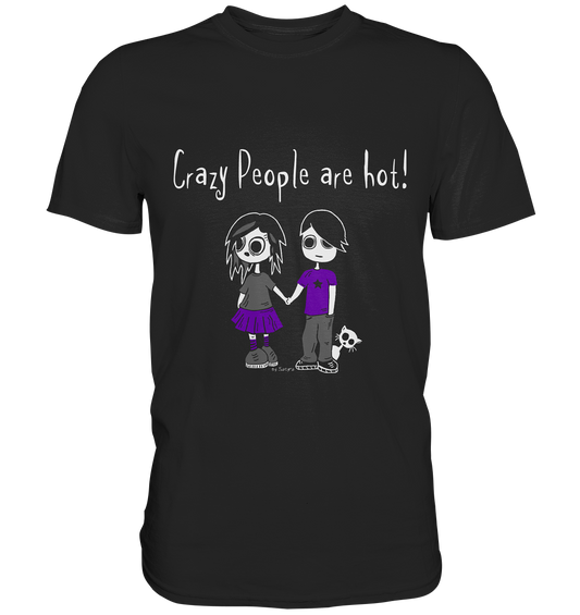 Schwarzes T-Shirt mit Gothic-Pärchen, das Händchen hält, und dem Spruch „Crazy people are hot“ – süß, düster und romantisch.