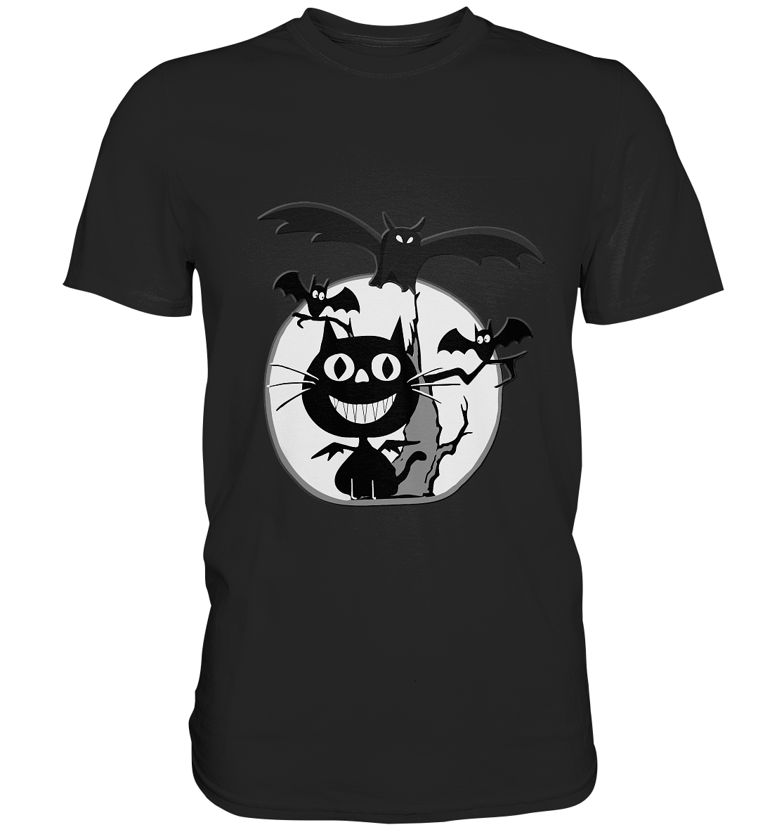 Schwarzes T-Shirt mit Motiv einer dunklen Katze und Fledermäusen im Mondschein – mystisch und ohne Schrift.