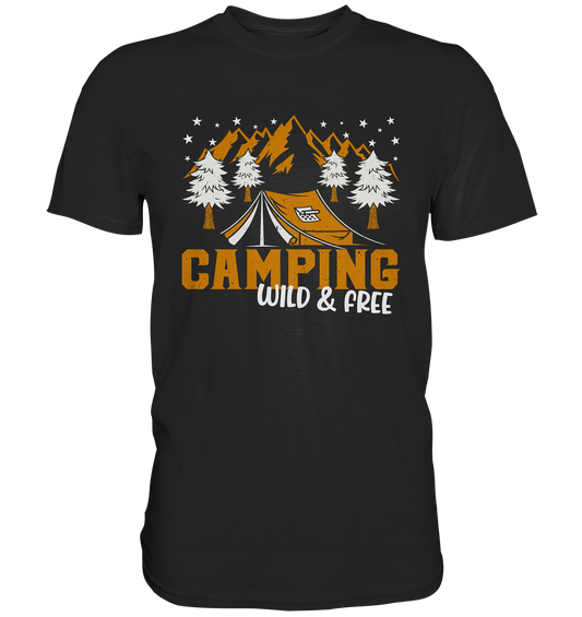 Schwarzes T-Shirt mit dem Motiv „Camping wild & free“