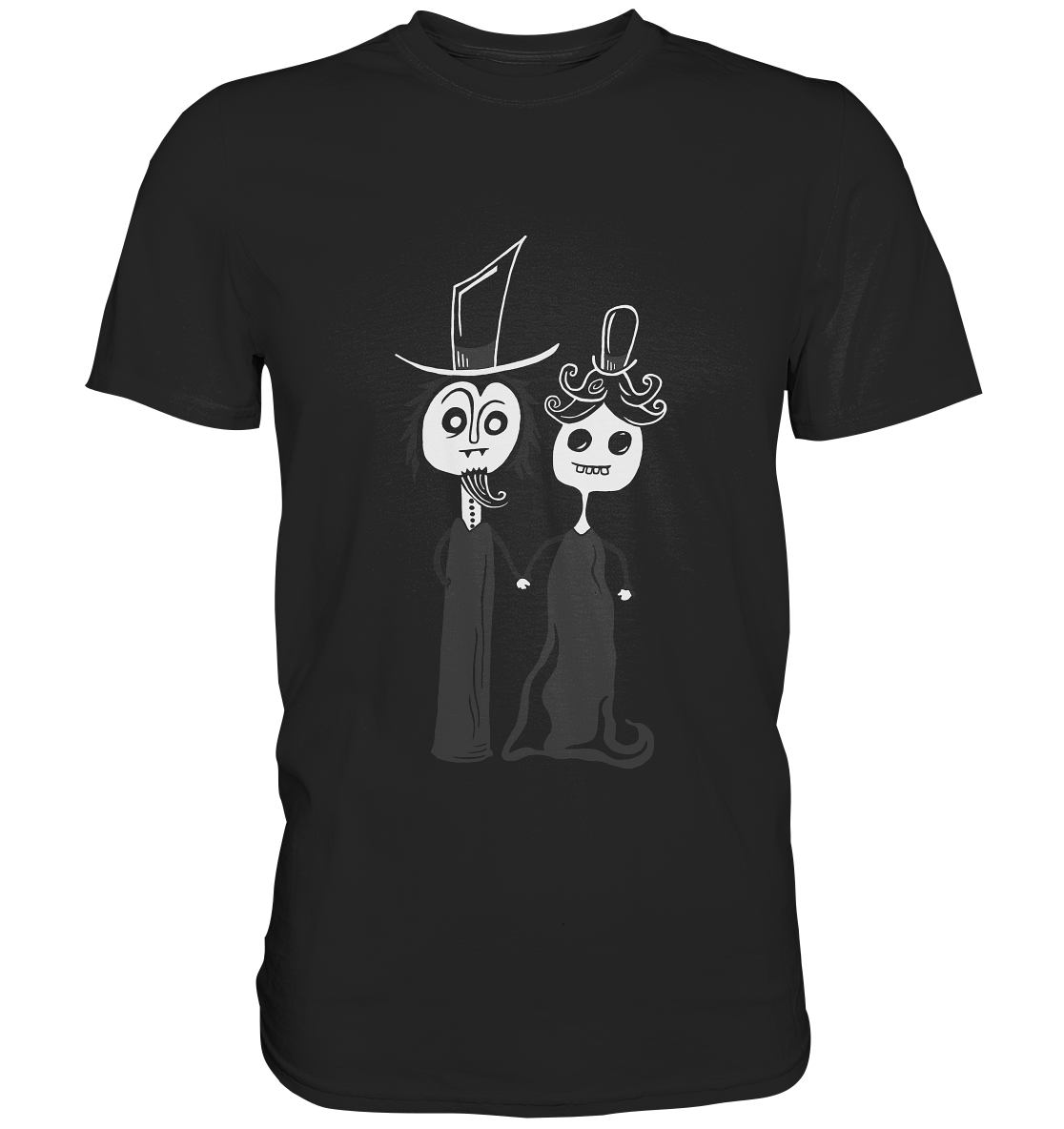 Schwarzes T-Shirt mit weißem Motiv eines Gothic-Pärchens