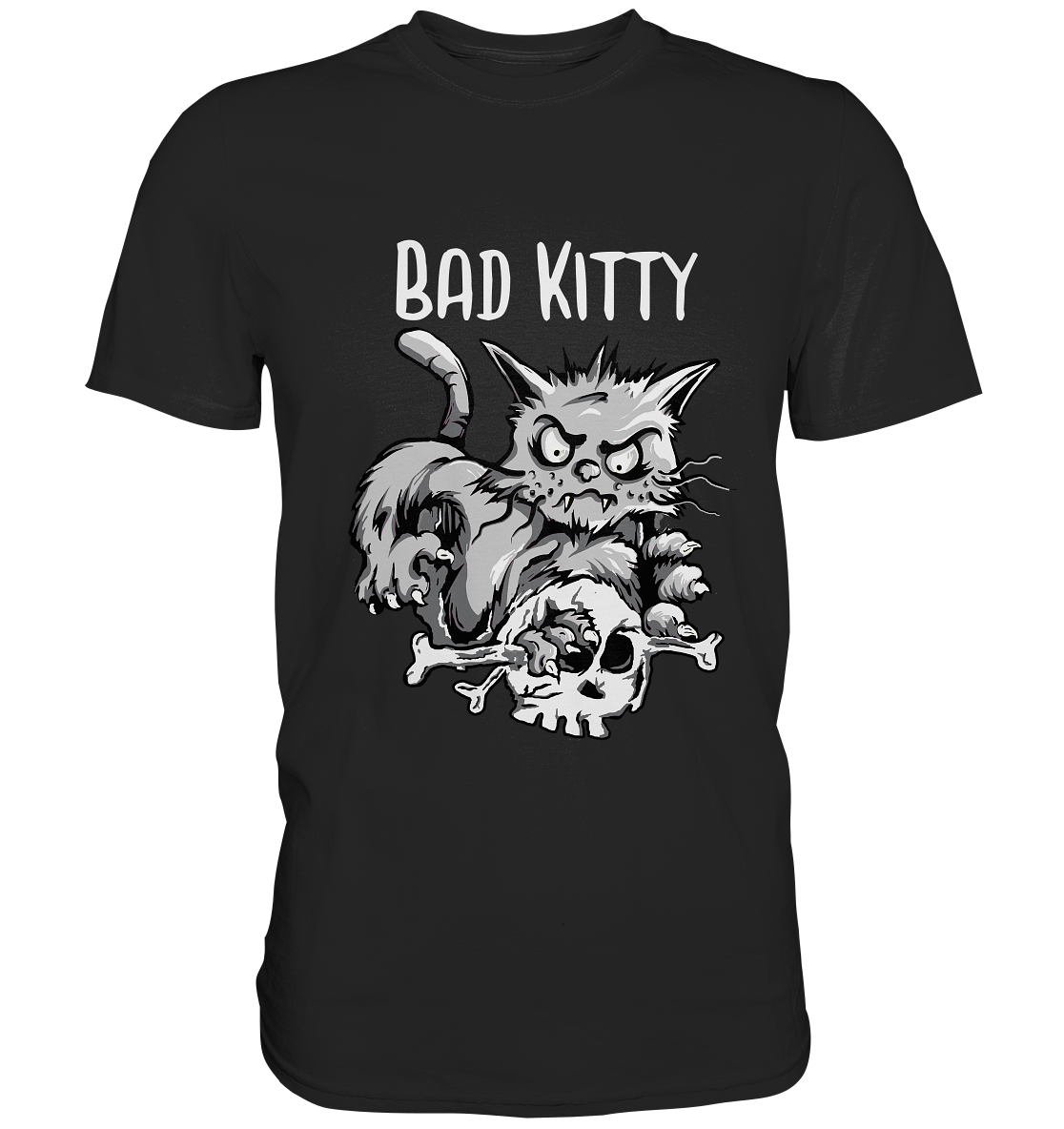 T-Shirt mit böser Gothic-Katze, Skull in den Krallen, Aufschrift „Bad Kitty“, düsteres Katzenmotiv.