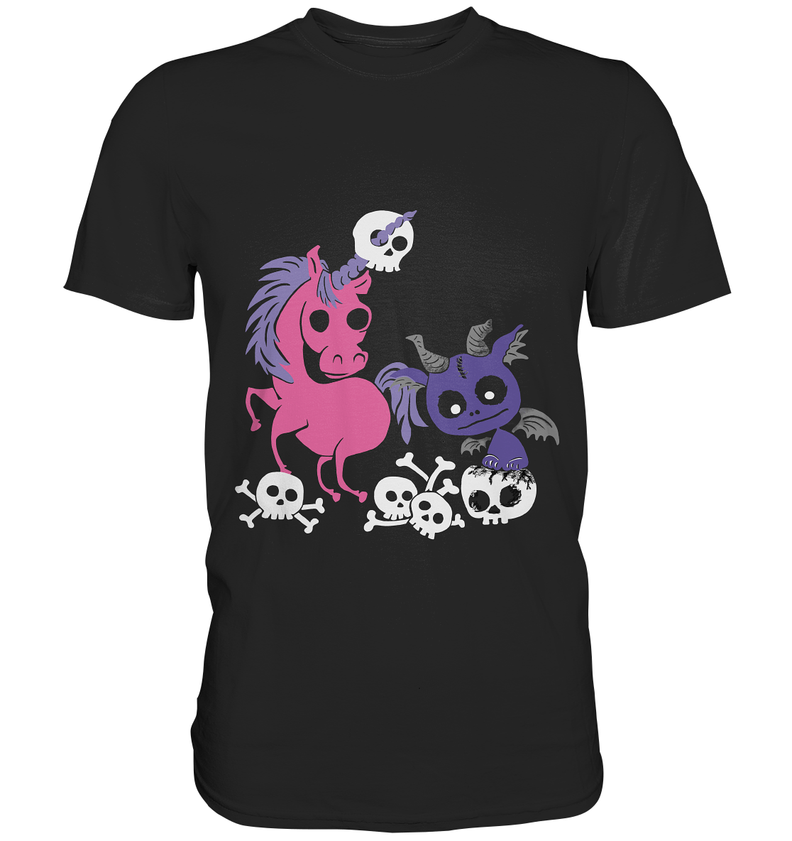Schwarzes Shirt mit Fantasy-Motiv: Einhorn, Drache und Totenschädel, mystisch und düster.