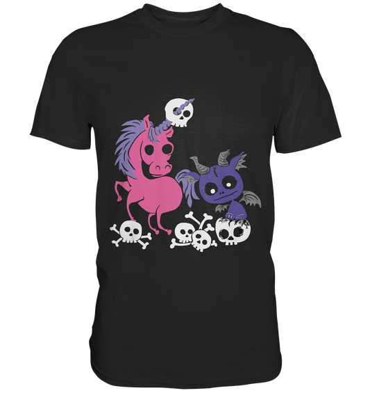 Schwarzes Shirt mit Fantasy-Motiv: Einhorn, Drache und Totenschädel, mystisch und düster.