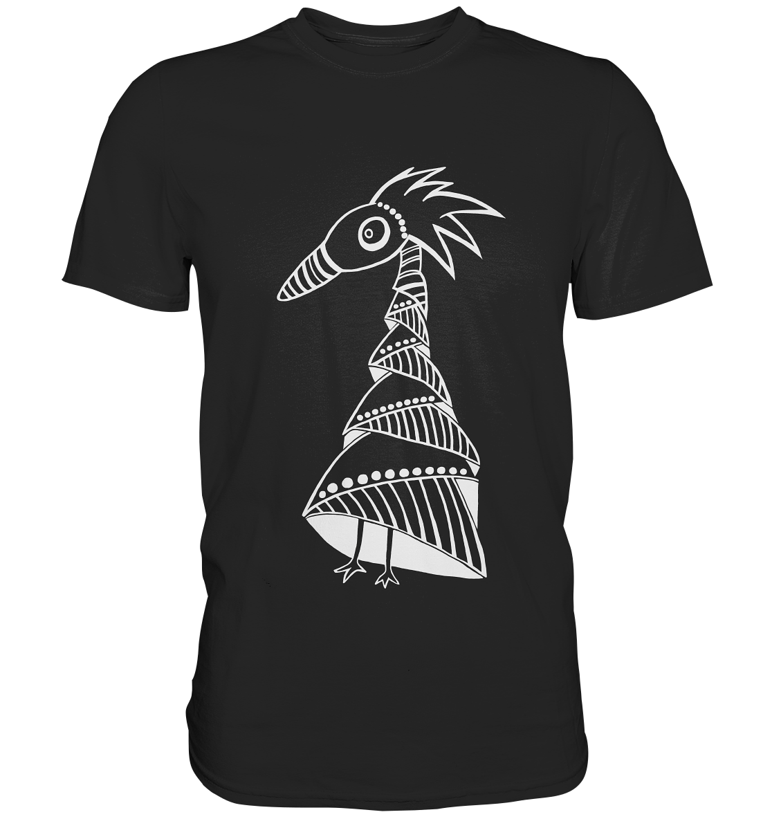 Schwarzes Shirt mit abstraktem Papagei in Schwarz-Weiß, modernes künstlerisches Vogelmotiv.

