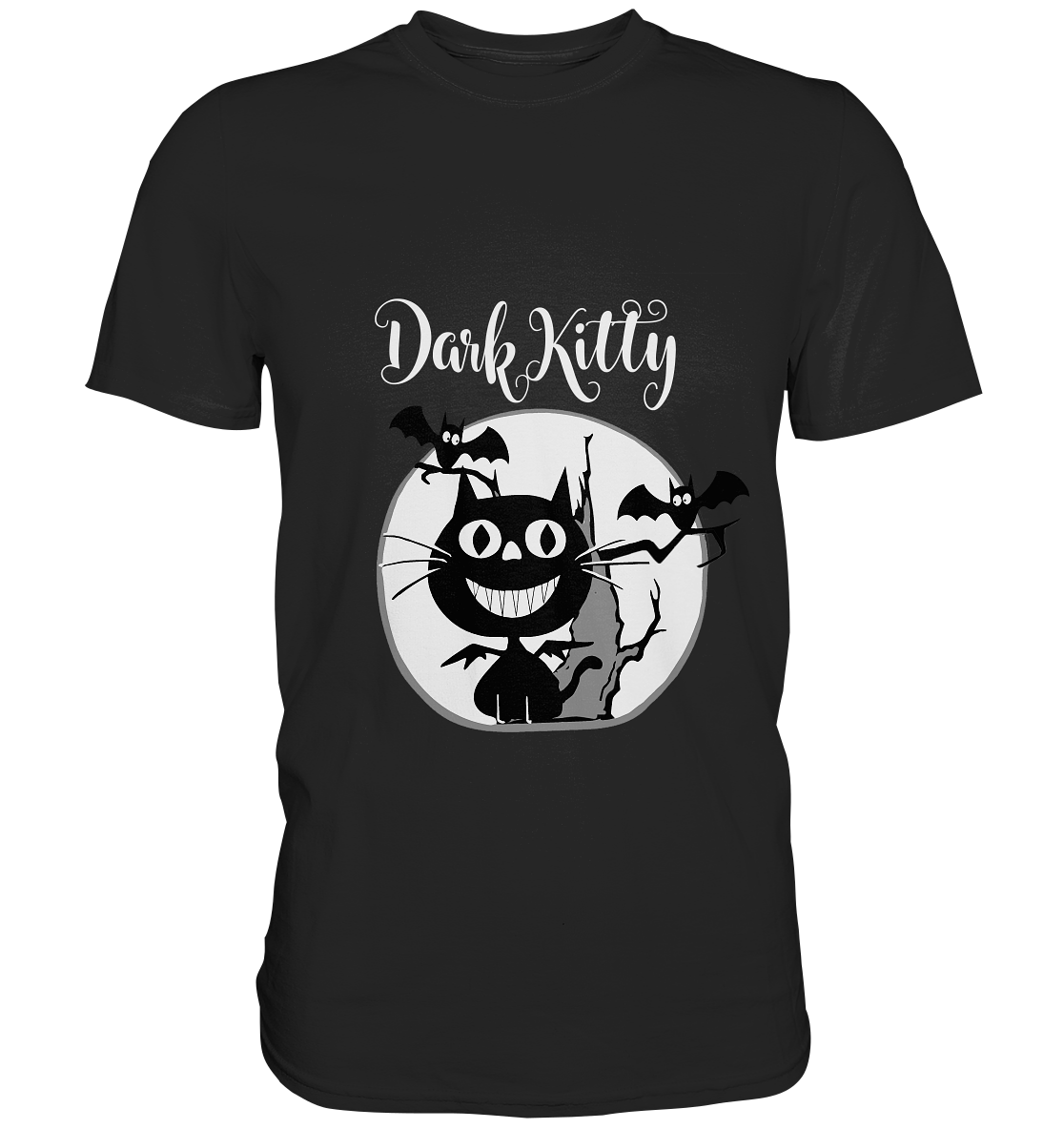Schwarzes T-Shirt mit Gothic-Vampirkatze, großer Fledermaus und Mondschein – düster-süßes Motiv mit mystischem Flair.

