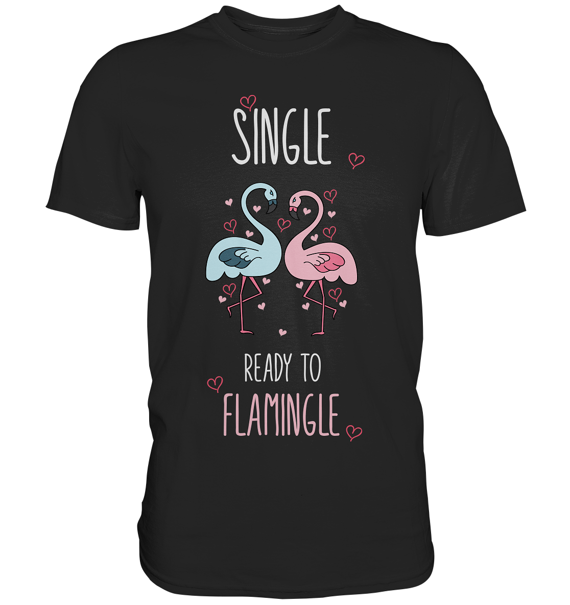 Schwarzes Shirt mit zwei verliebten Flamingos und Schriftzug Single Ready to Flamingle